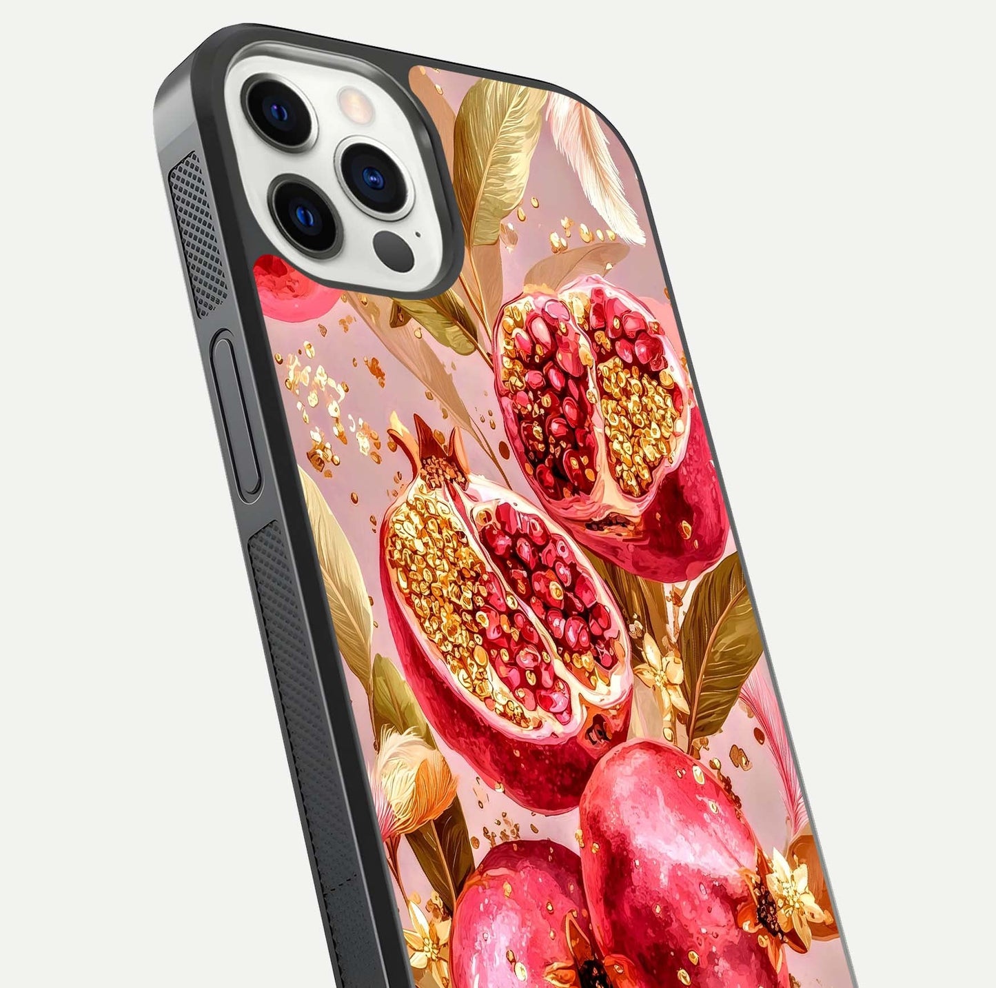 Golden Bloom Glow Glass Case for iPhone 12 Pro close-up angled shot showing metallic tones and reflection brilliance