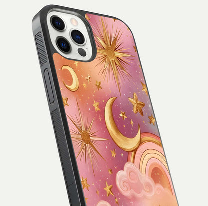 Golden Celestial Dreams Glass Case for iPhone 12 Pro close-up angled shot showing cosmic gold tones and reflection shine
