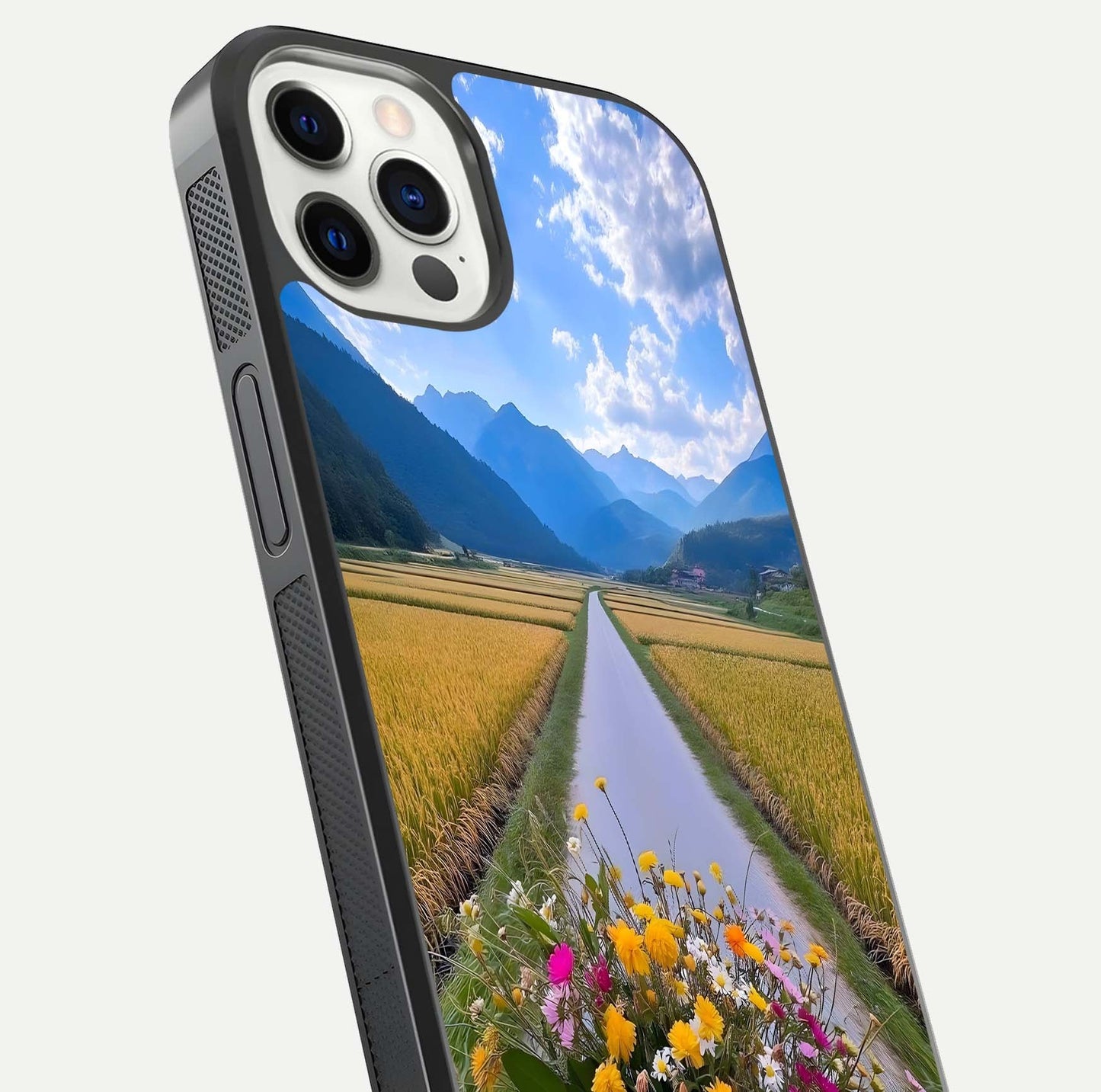 Golden Field Journey Glass Case for iPhone 12 Pro close-up angled shot showing sunlight tones and reflection clarity