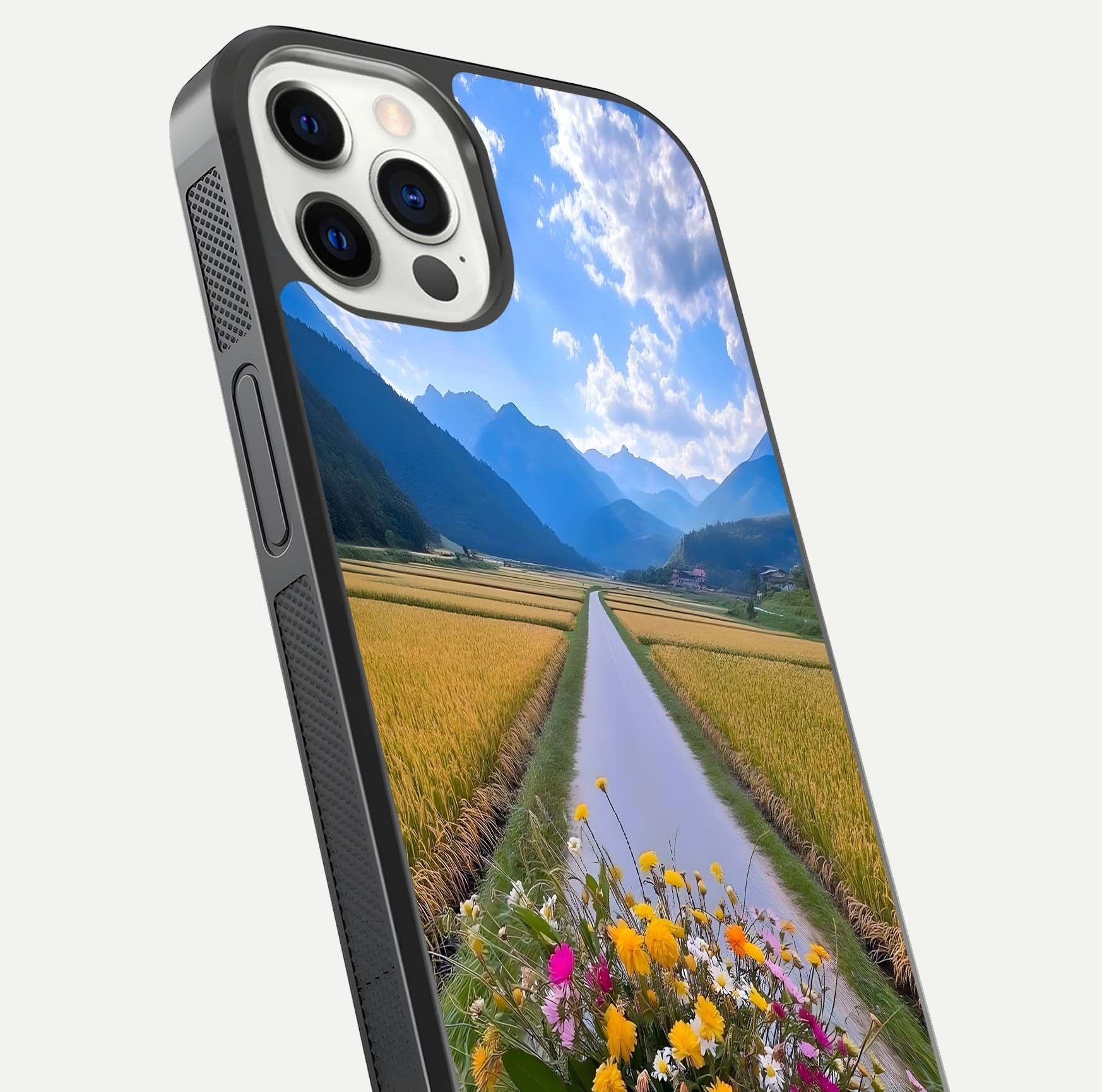 Golden Field Journey Glass Case for iPhone 12 Pro close-up angled shot showing sunlight tones and reflection clarity