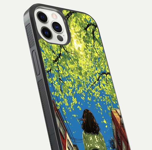 Golden Leaves Glow Glass Case for iPhone 12 Pro close-up angled shot showing fine leaf texture and reflection shine