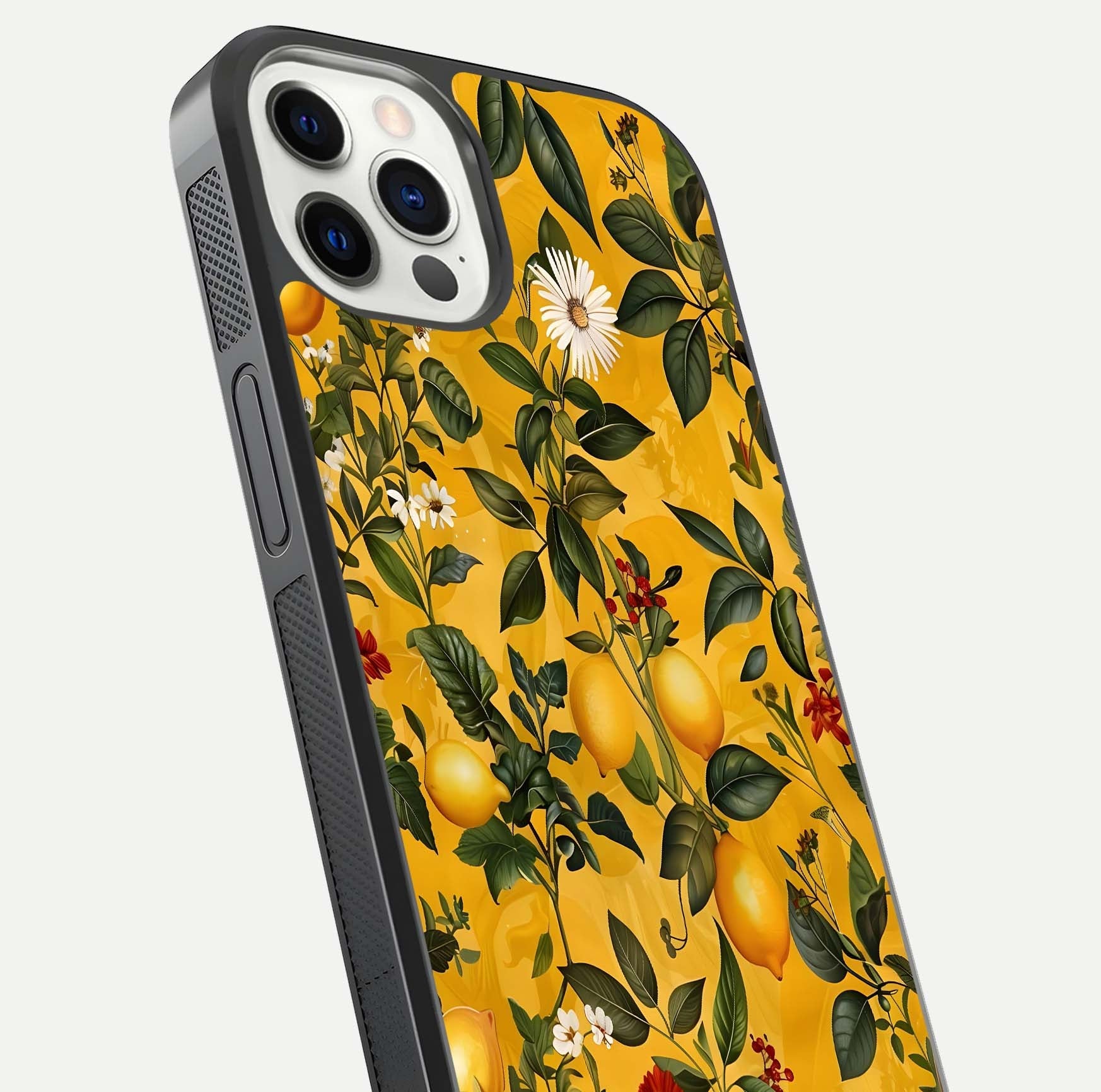 Golden Lemon Field Glass Case for iPhone 12 Pro close-up angled shot showing citrus texture and reflection brilliance