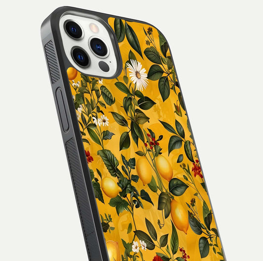 Golden Lemon Field Glass Case for iPhone 12 Pro close-up angled shot showing citrus texture and reflection brilliance