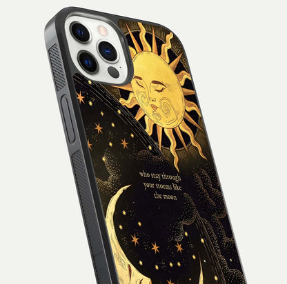 Golden Lunar Love Glass Case for iPhone 12 Pro close-up angled shot showing moon glow, texture, and reflection polish