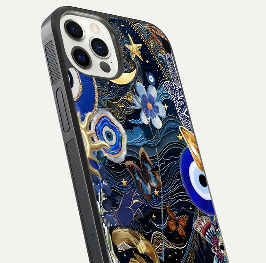 Golden Moon Magic Glass Case for iPhone 12 Pro close-up angled shot showing lunar glow, star detail, and reflection brightness