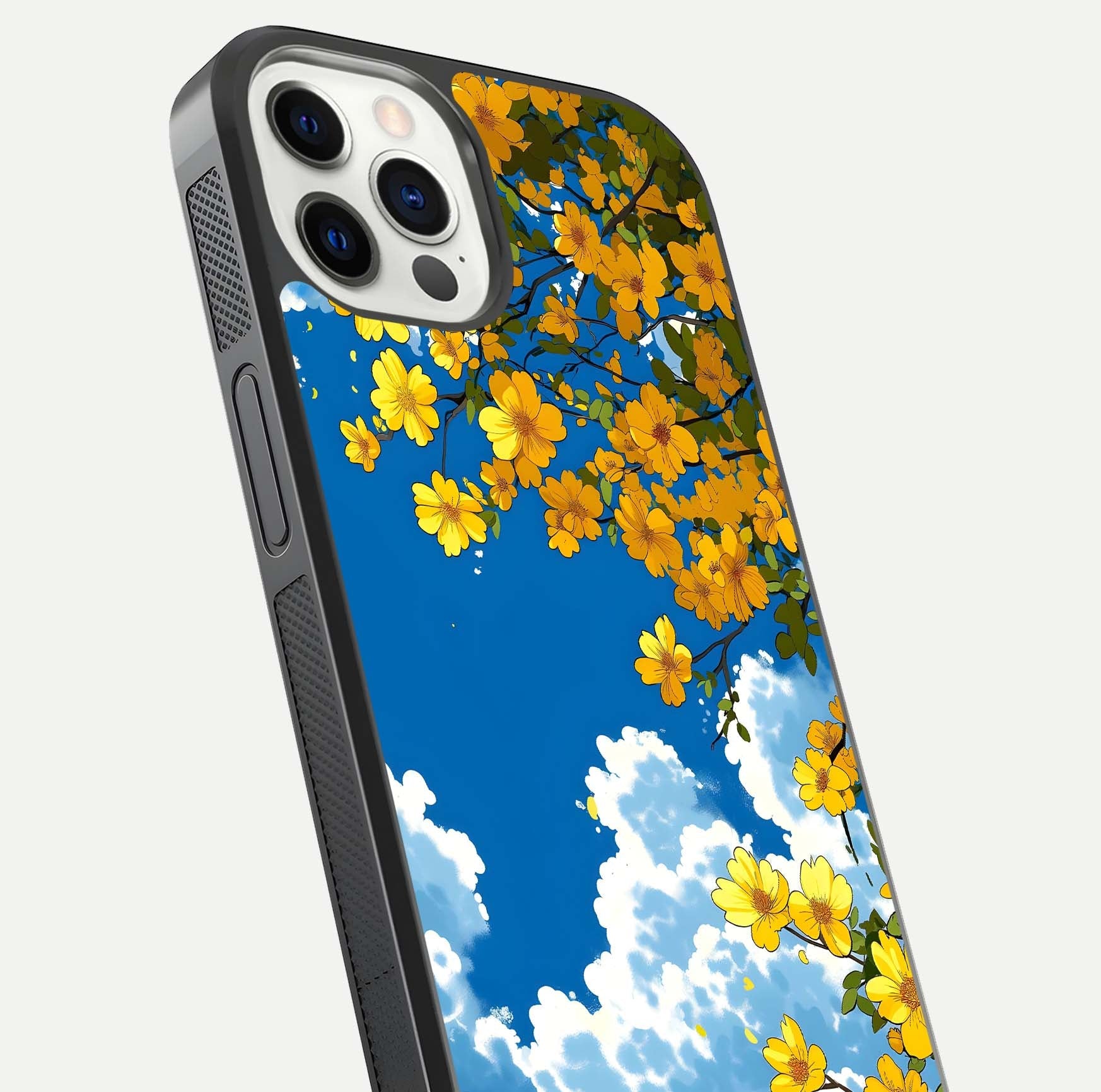 Golden Petal Sky Glass Case for iPhone 12 Pro close-up angled shot showing petal texture and shine reflection