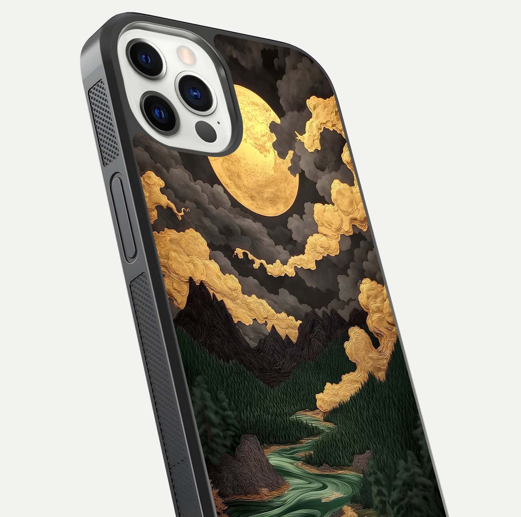 Golden River Moon Glass Case for iPhone 12 Pro close-up angled shot showing moon reflection and water shine