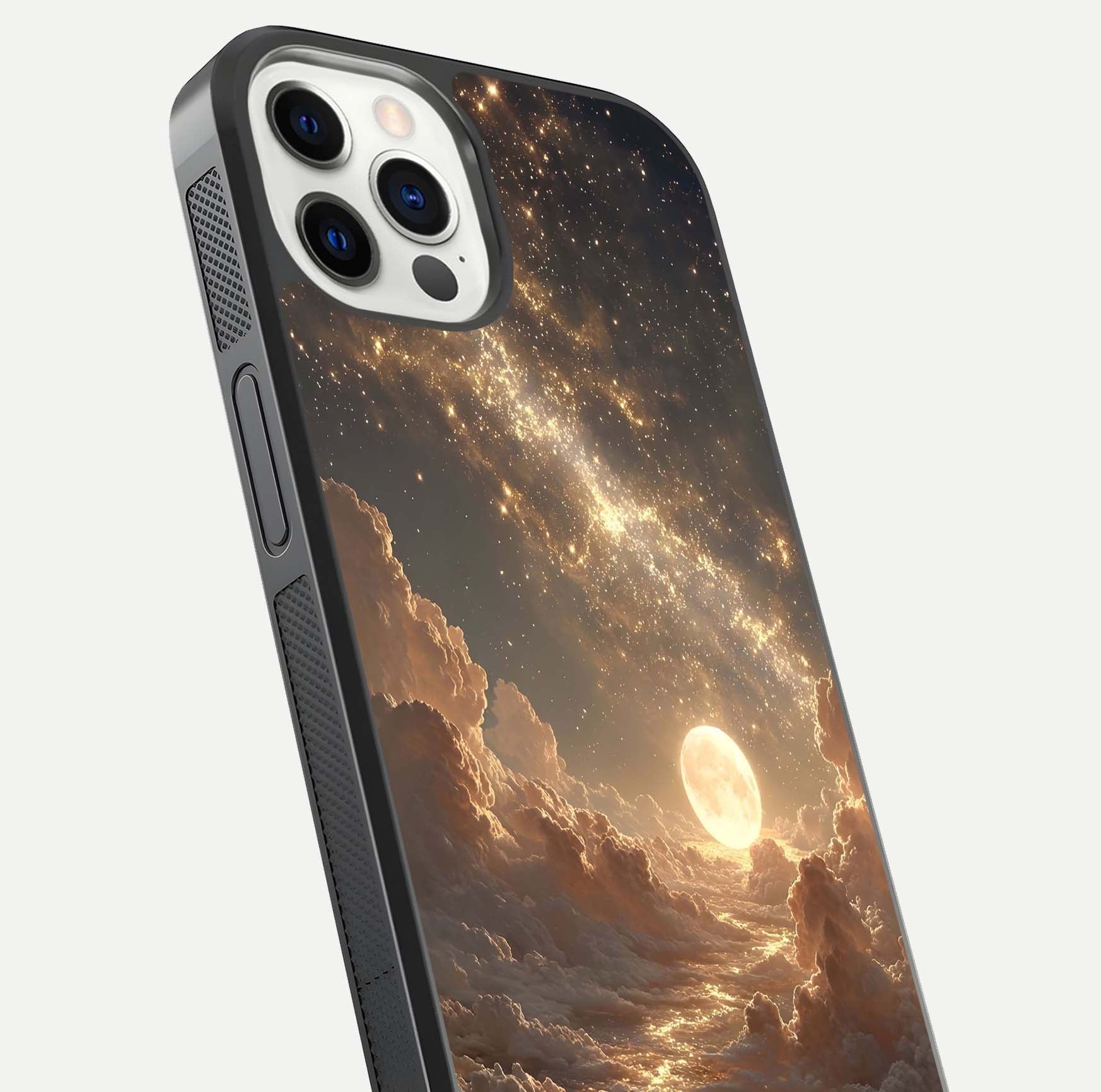 Golden Sky Dream Glass Case for iPhone 12 Pro close-up angled shot showing gradient tones and reflection polish