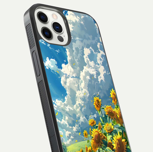 Golden Sun Glory Glass Case for iPhone 12 Pro close-up angled shot showing sunlight reflection and gold detailing