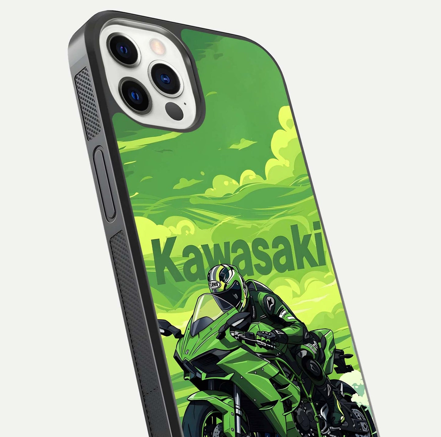 Green Kawasaki Glass Case for iPhone 12 Pro close-up angled shot showing sporty line details and reflection shine