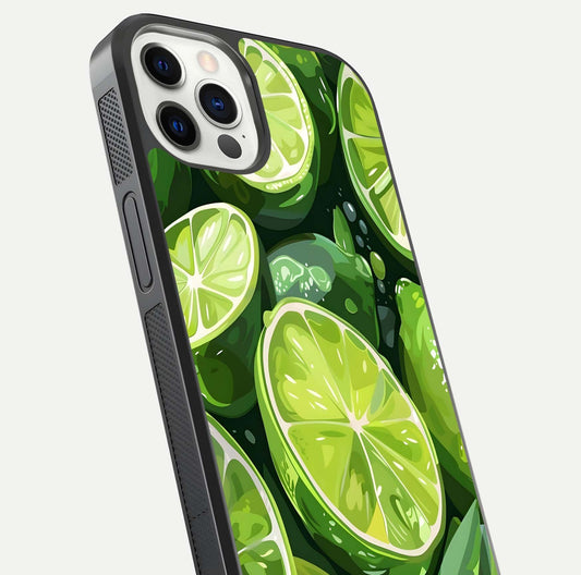 Green Lemon Glass Case for iPhone 12 Pro close-up angled shot showing lemon slice texture and reflection brightness