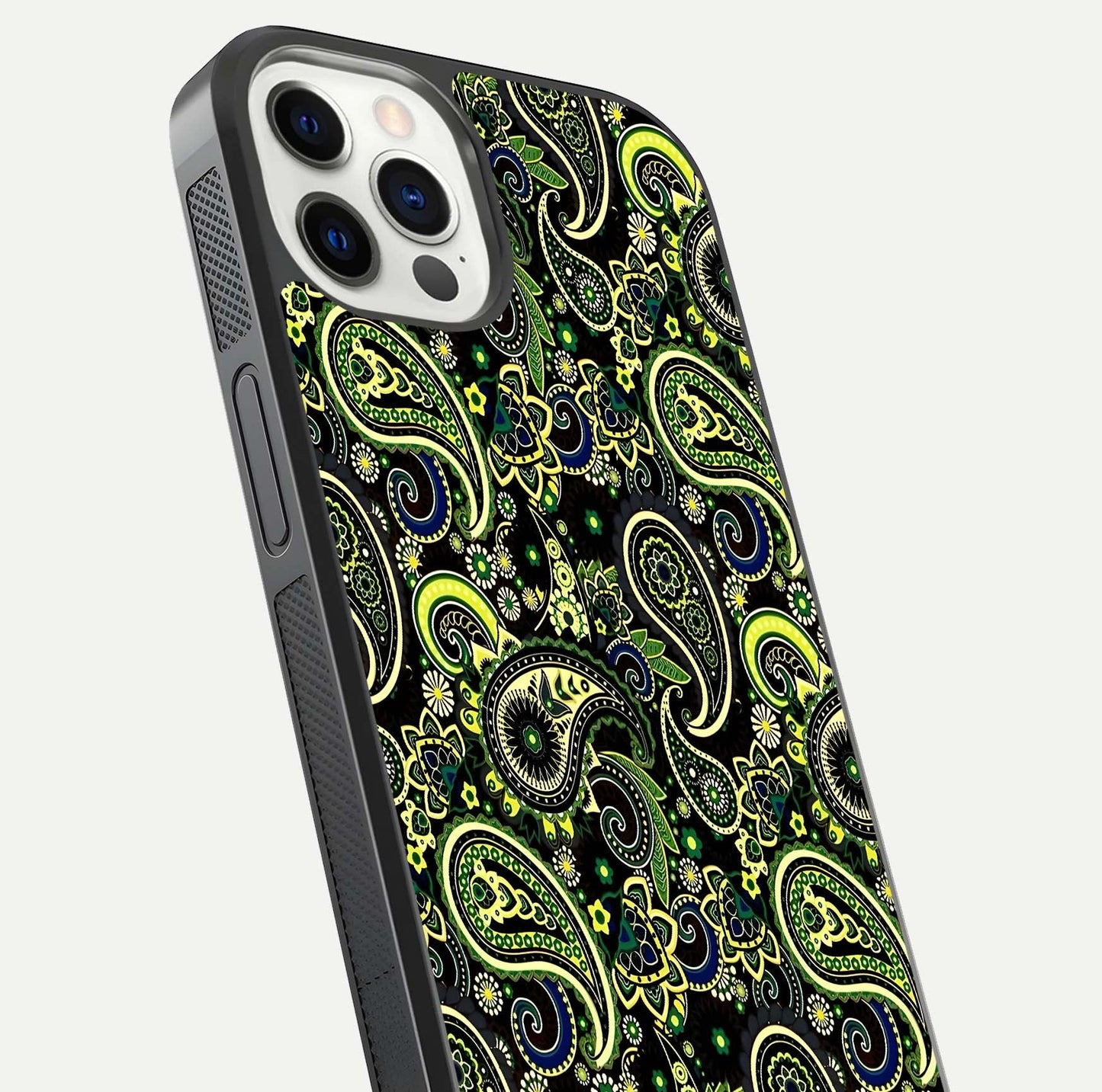 Green Mandala Pattern Glass Case for iPhone 12 Pro close-up angled shot showing fine detailing and gold-green reflection