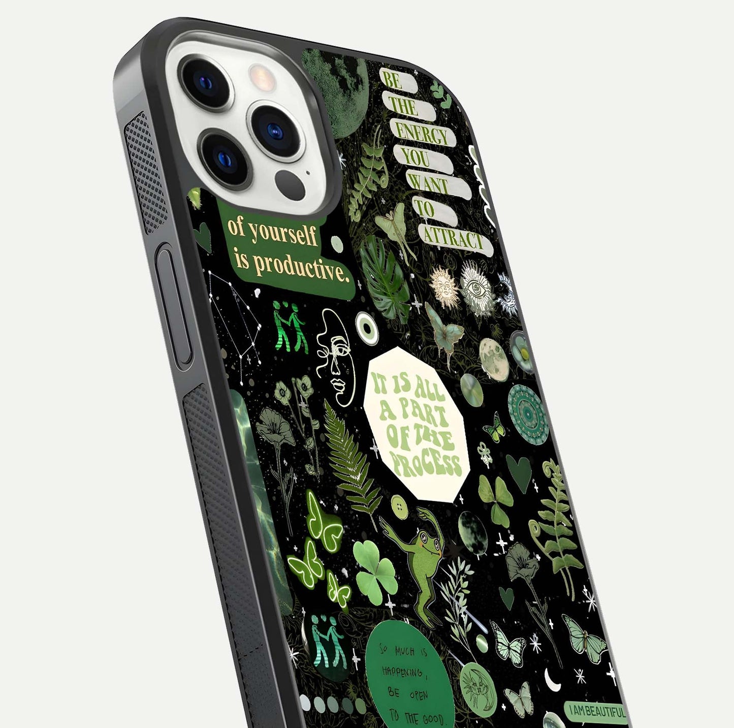 Green Moon Energy Glass Case for iPhone 12 Pro close-up angled shot showing glowing lunar detail and reflection shine