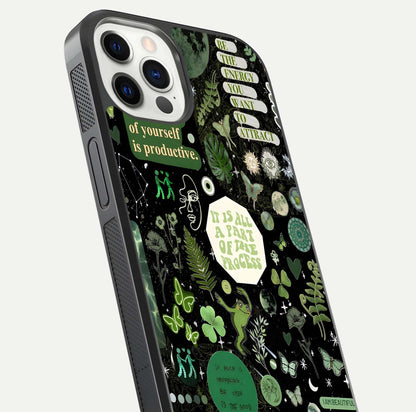 Green Moon Energy Glass Case for iPhone 12 Pro close-up angled shot showing glowing lunar detail and reflection shine