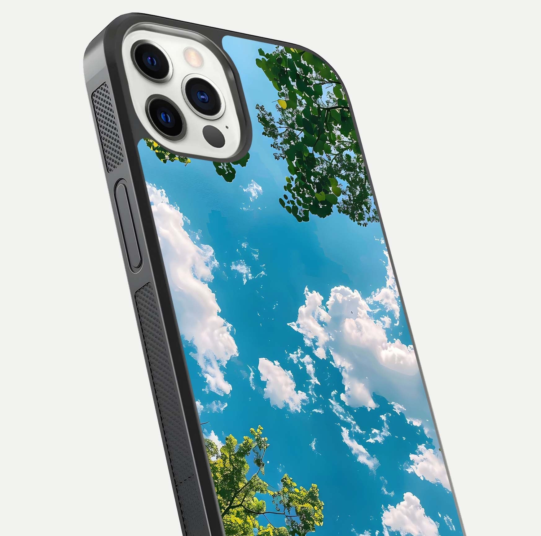 Greenery Sky Glass Case for iPhone 12 Pro close-up angled shot showing leafy tones and reflection brightness