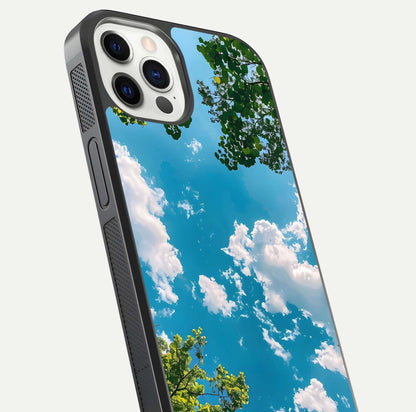 Greenery Sky Glass Case for iPhone 12 Pro close-up angled shot showing leafy tones and reflection brightness
