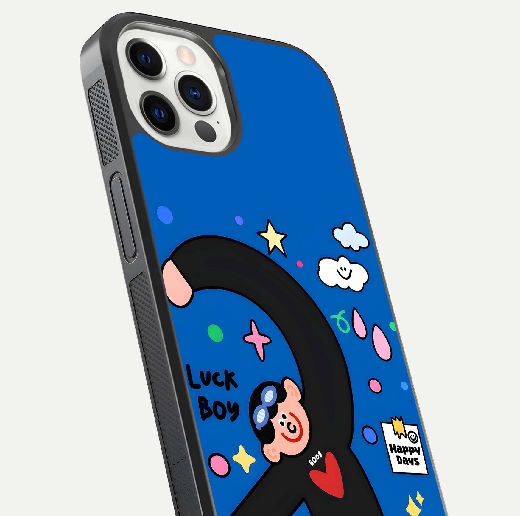 Happy Luck Vibe Glass Case for iPhone 12 Pro close-up angled shot showing color details and reflection shine