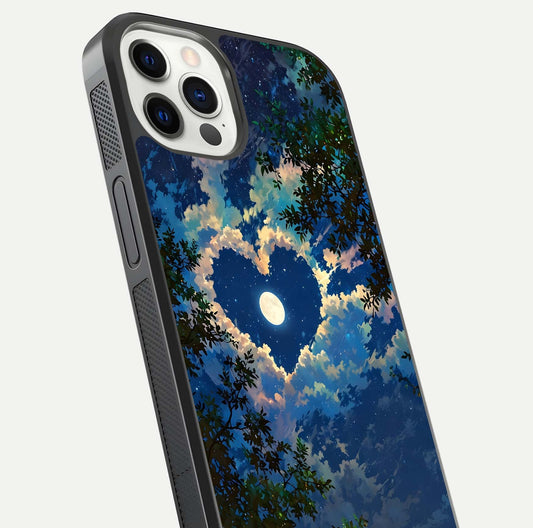 Heart with Moon Sky Glass Case for iPhone 12 Pro close-up angled shot showing lunar reflection and shine detail