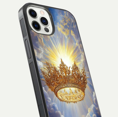Heavenly Crown Light Glass Case for iPhone 12 Pro close-up angled shot showing glowing halo details and smooth reflection