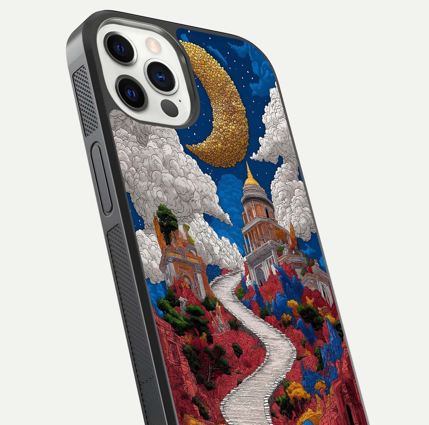 Heavenly Moon Path Glass Case for iPhone 12 Pro close-up angled shot showing moon reflection and shimmer texture