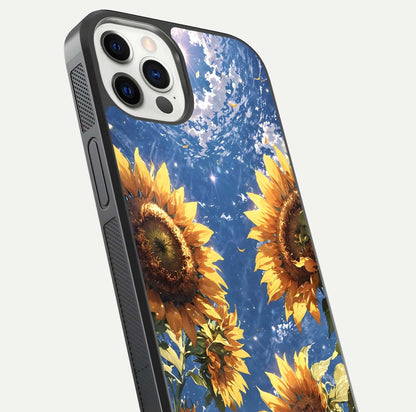 Heavenly Sunflower Rise Glass Case for iPhone 12 Pro close-up angled shot showing sunflower texture and reflection polish