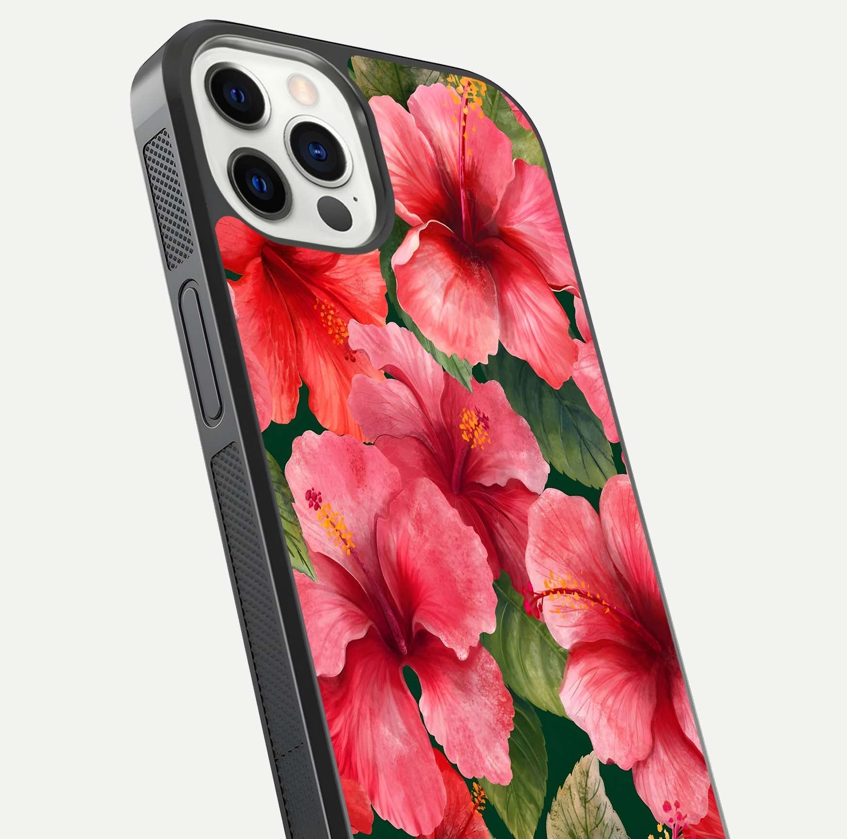 Hibiscus Pattern Glass Case for iPhone 12 Pro close-up angled shot showing flower details and gloss reflection