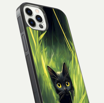Hidden Cat Whisper Glass Case for iPhone 12 Pro close-up angled shot showing feline details and reflection polish