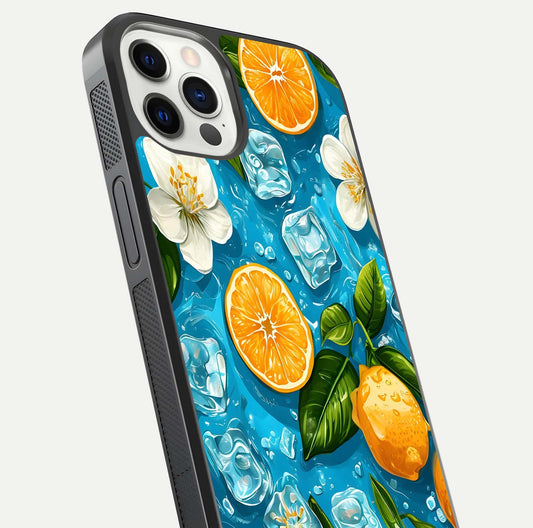 Ice Cube With Orange Glass Case for iPhone 12 Pro close-up angled shot showing orange slices and ice reflections