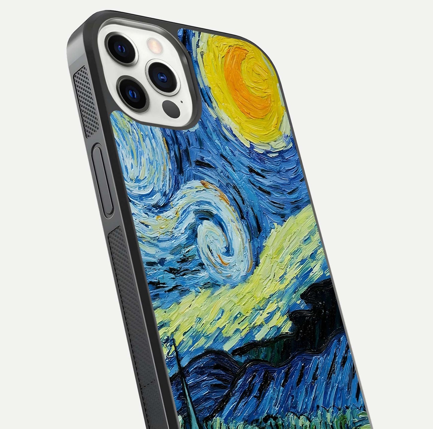 Inspired Van Gogh Art Glass Case for iPhone 12 Pro close-up angled shot showing brushstroke texture and shine detail