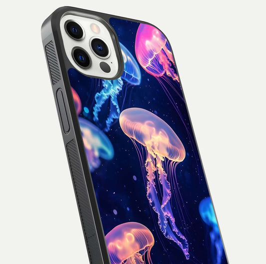 Jellyfish Pattern Glass Case for iPhone 12 Pro close-up angled shot showing translucent tentacles and light reflection