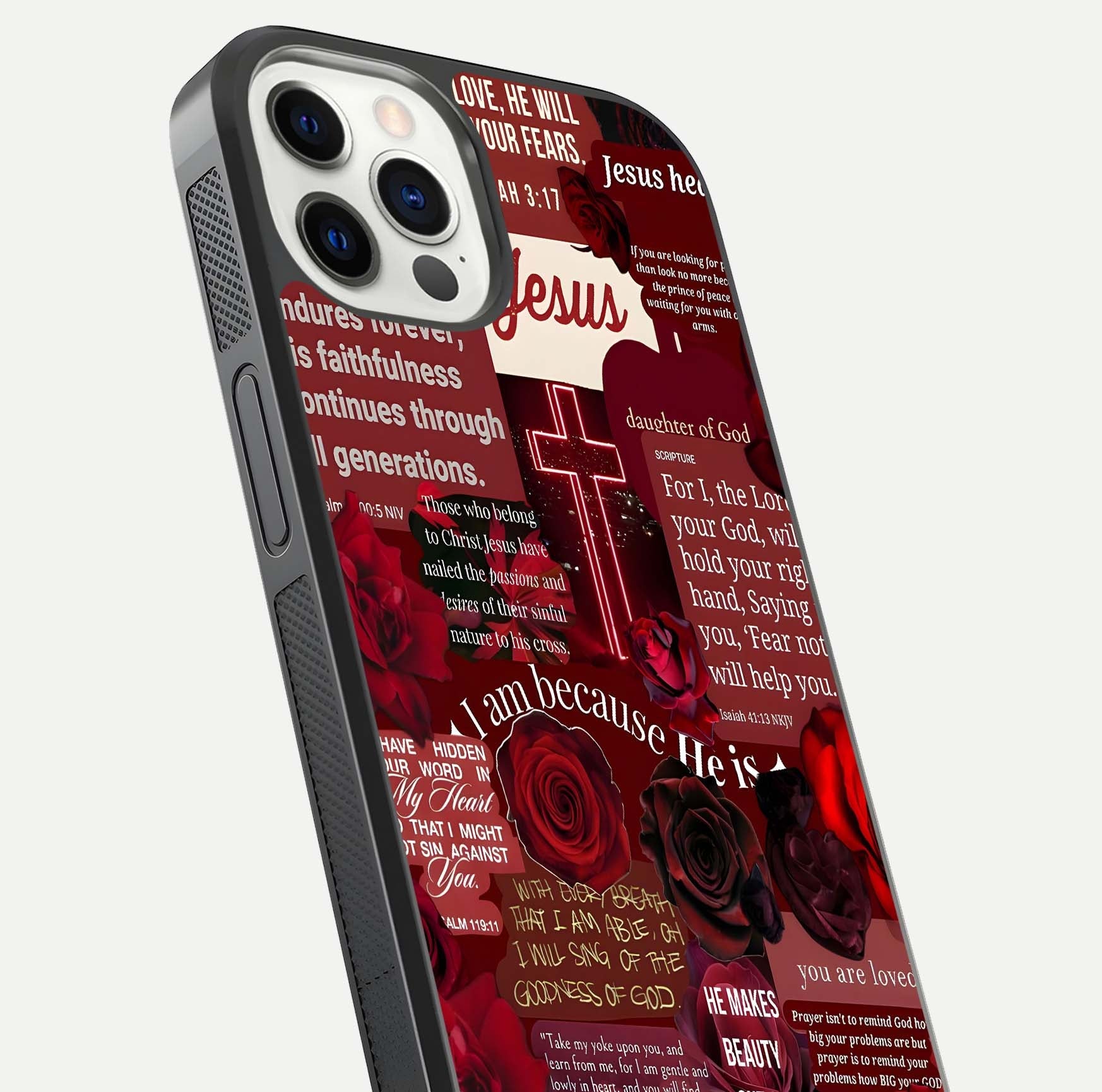 Jesus Love Heals Glass Case for iPhone 12 Pro close-up angled shot showing healing text, cross detailing, and reflection
