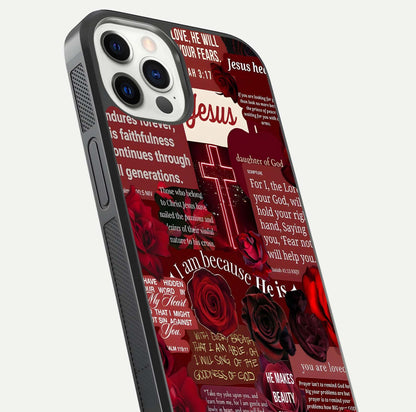 Jesus Love Heals Glass Case for iPhone 12 Pro close-up angled shot showing healing text, cross detailing, and reflection