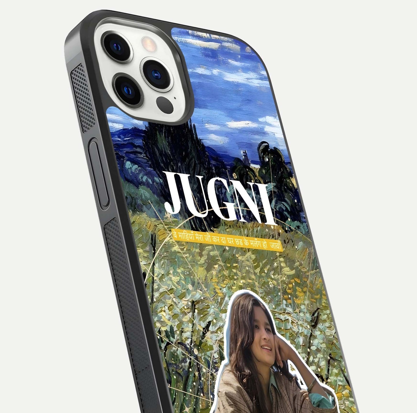 Jugni Soul Vibes Glass Case for iPhone 12 Pro close-up angled shot showing typography detail and vibrant gloss reflection