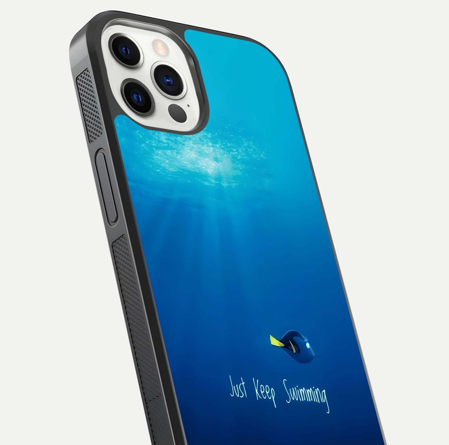 Just Keep Swimming Glass Case for iPhone 12 Pro close-up angled shot showing elegant lettering and blue tone reflection