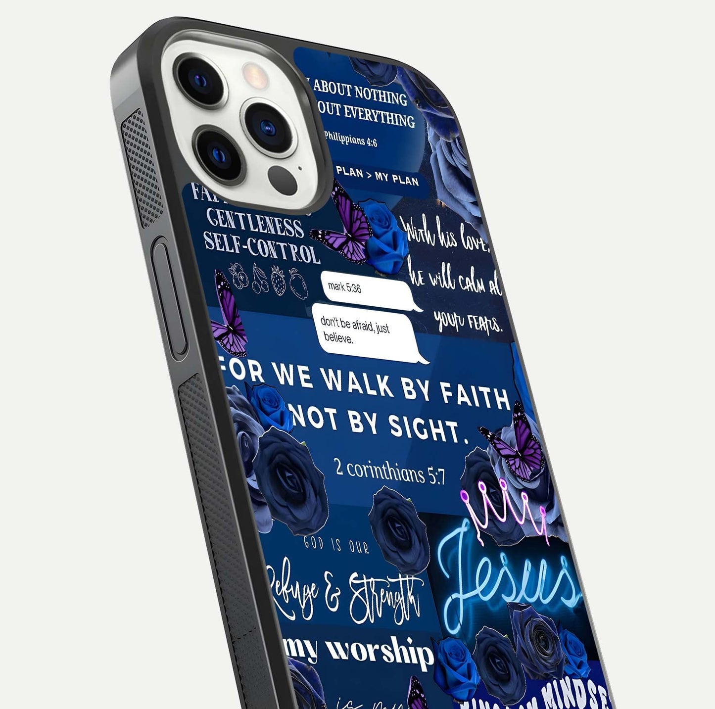 Kingdom Faith Glow Glass Case for iPhone 12 Pro close-up angled shot showing luminous text and divine reflection