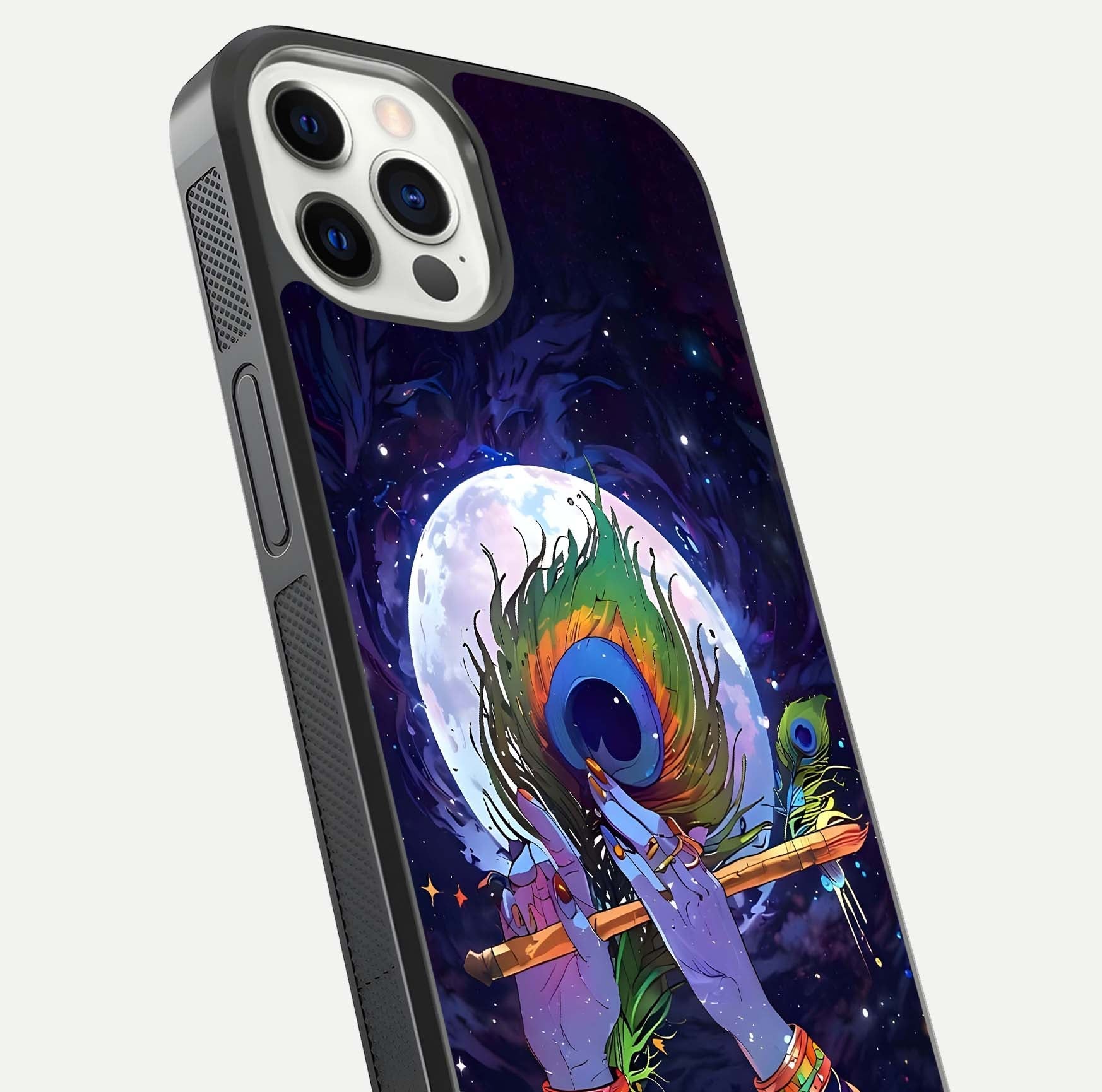 Krishna Hands Art Glass Case for iPhone 12 Pro close-up angled shot showing detailed hand design and shine
