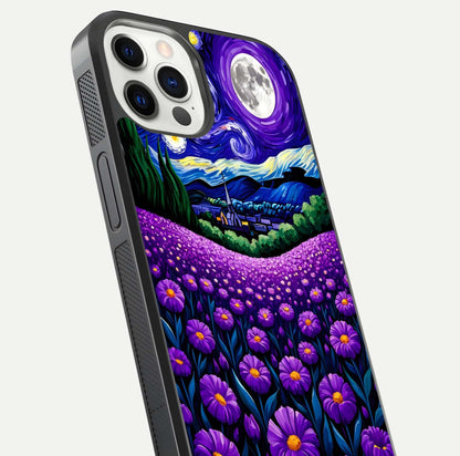 Lavender Moon Field Glass Case for iPhone 12 Pro close-up angled shot showing moon glow and purple detailing
