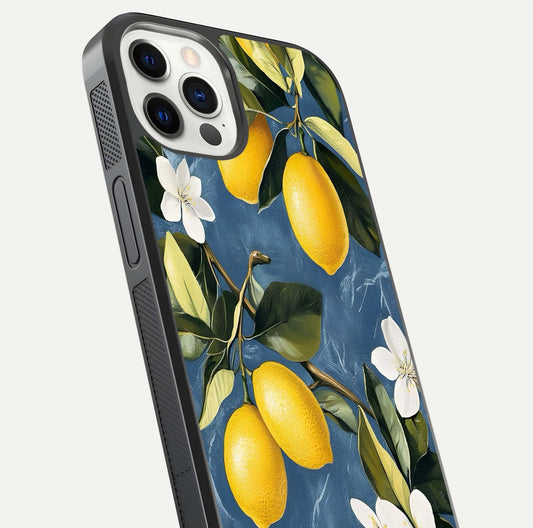 Lemon Dream Garden Glass Case for iPhone 12 Pro close-up angled shot showing fruit details and shine reflection