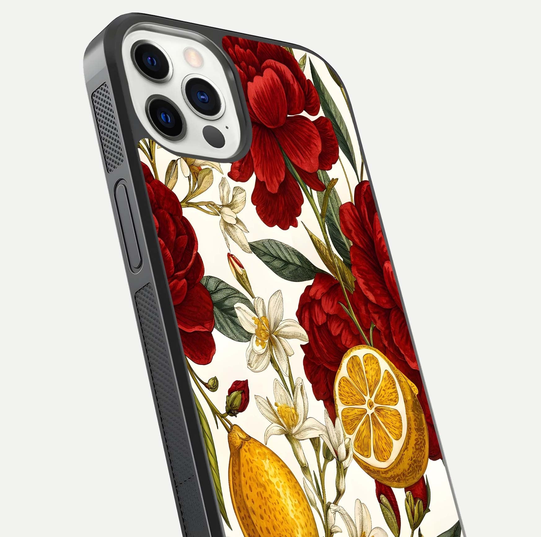 Lemon Rose Charm Glass Case for iPhone 12 Pro angled close-up showing vivid rose details and HD glass reflection