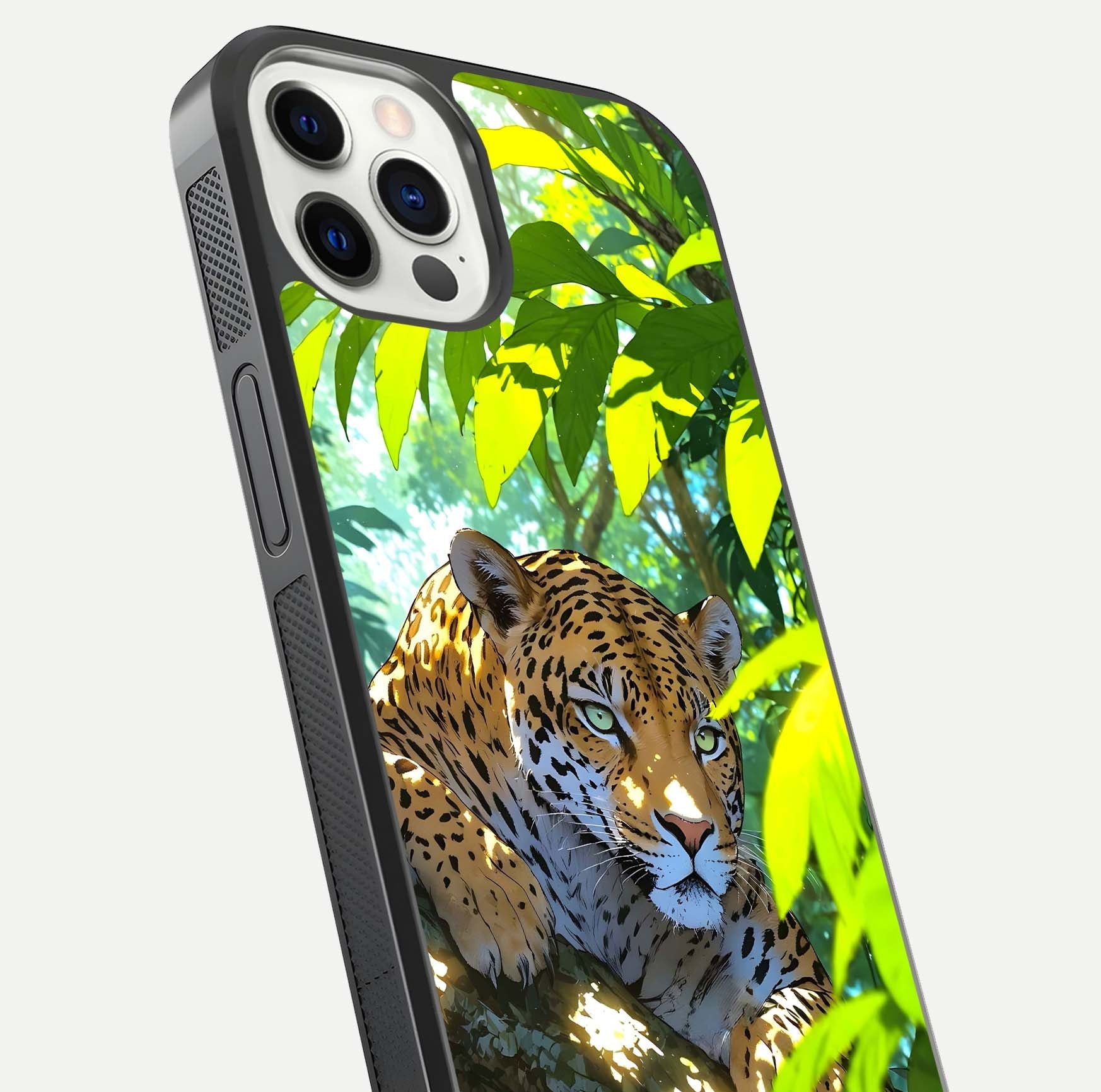 Leopard in Jungle Glass Case for iPhone 12 Pro angled close-up showing fur texture and glossy shine reflection