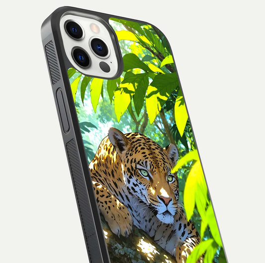 Leopard in Jungle Glass Case for iPhone 12 Pro angled close-up showing fur texture and glossy shine reflection