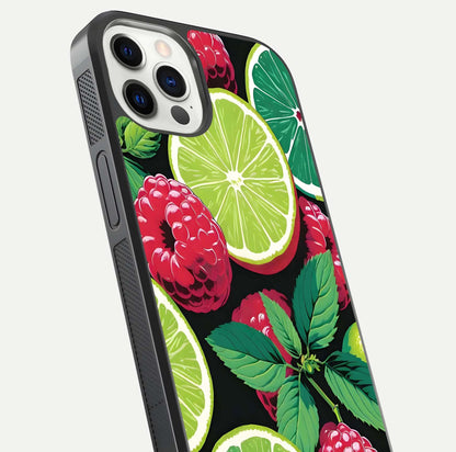 Lime and Raspberry Pattern Glass Case for iPhone 12 Pro angled close-up showing fruit texture and reflection glow