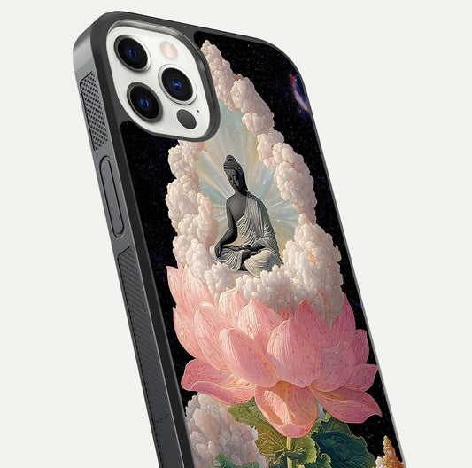 Lotus Divine Peace Glass Case for iPhone 12 Pro angled close-up showing delicate petals and gloss reflection