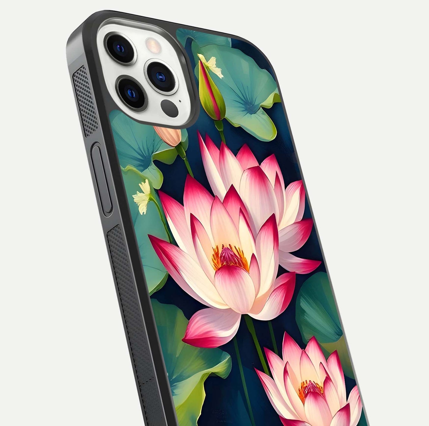 Lotus Dream Serenity Glass Case for iPhone 12 Pro close-up angled shot showing floral details and soft shine
