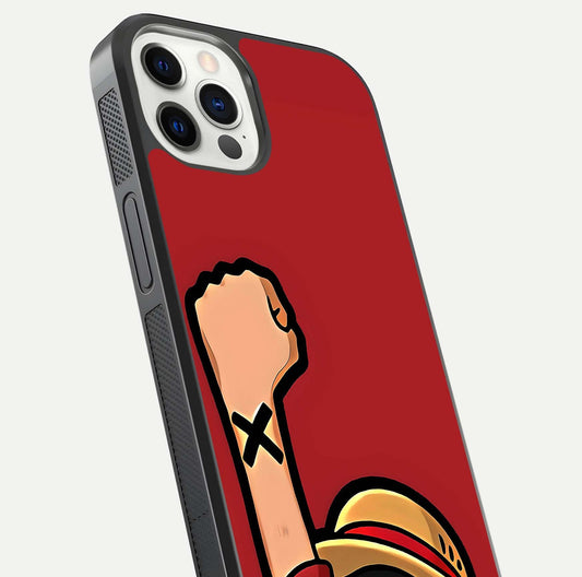 Luffy X Spirit Glass Case for iPhone 12 Pro close-up angled shot showing character detailing and gloss texture