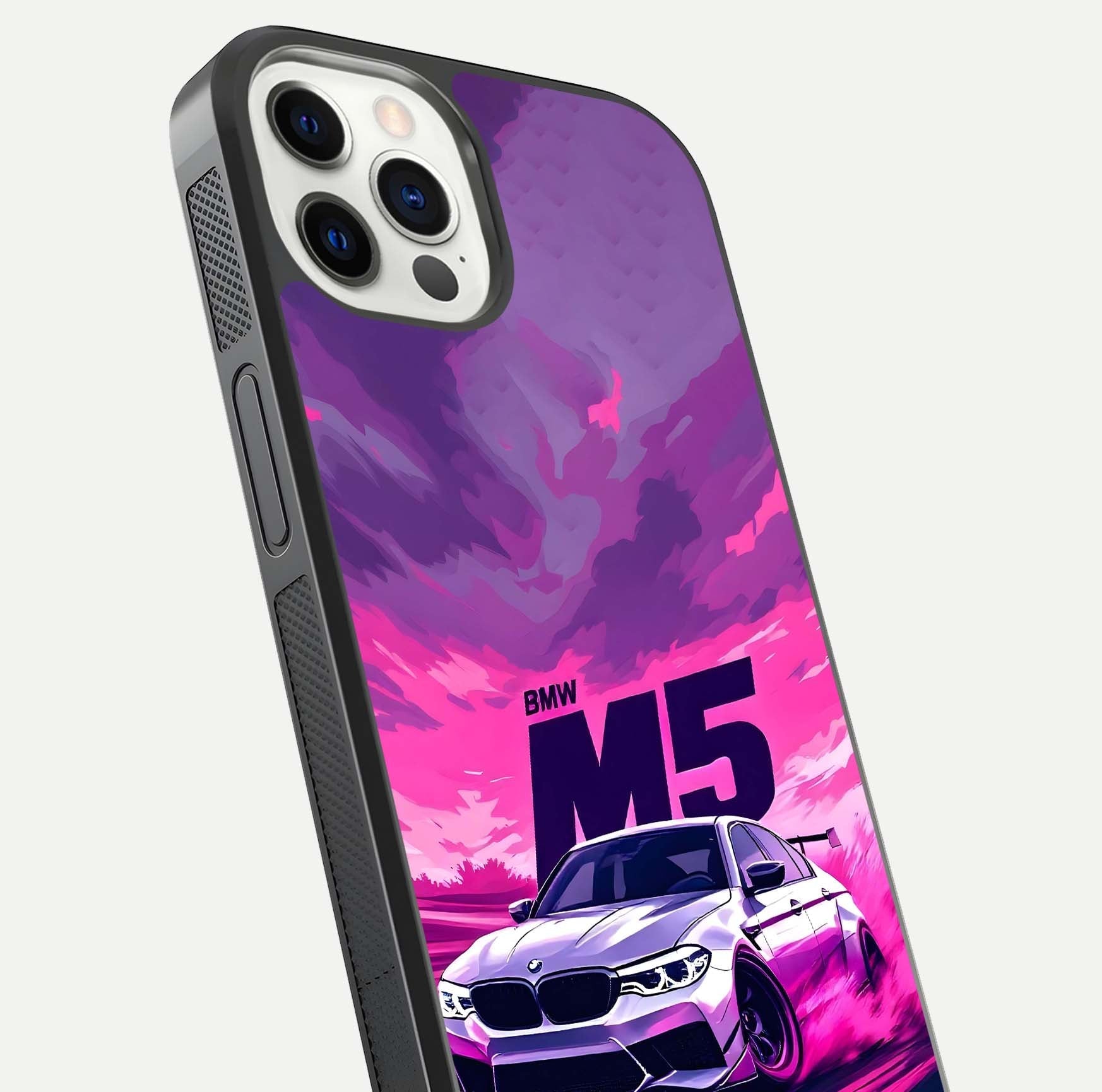 MS Neon Car Glass Case for iPhone 12 Pro close-up angled shot showing vivid neon reflections and shine