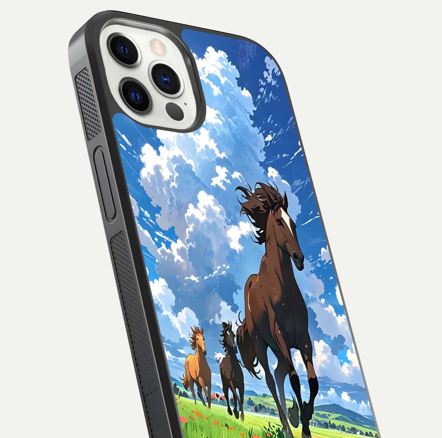 Majestic Horses Galloping Glass Case for iPhone 12 Pro close-up angled shot showing horse motion and reflection