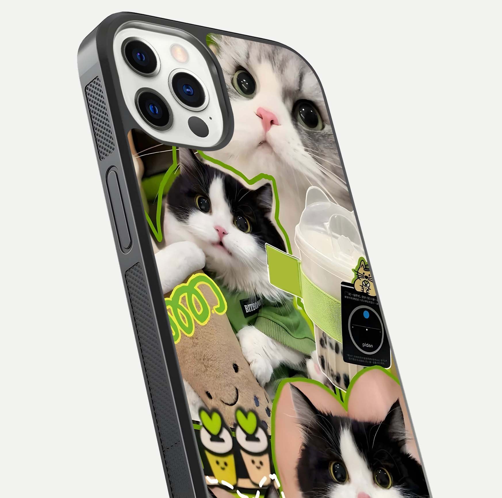 Matcha Cats Mood Glass Case for iPhone 12 Pro close-up angled shot showing adorable cat art and reflection detail