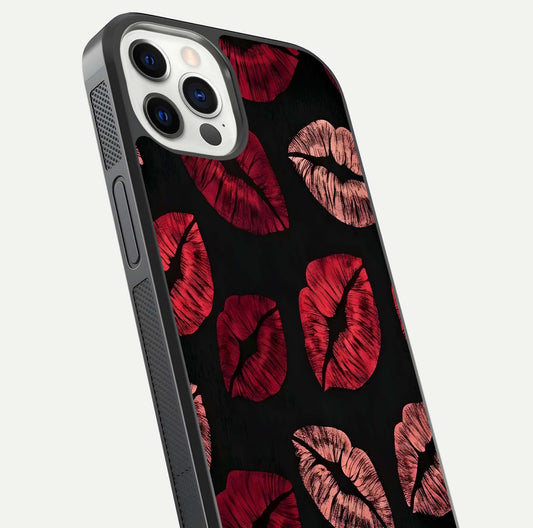 Midnight Kiss Love Glass Case for iPhone 12 Pro close-up angle highlighting red accents and reflection shine