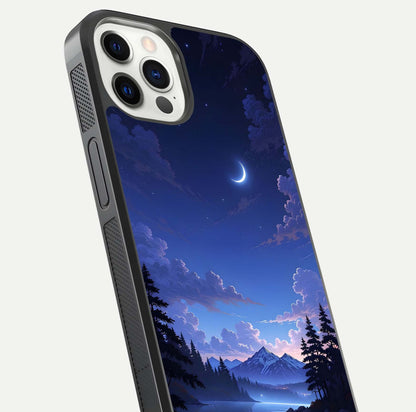 Midnight Lake Peace Glass Case for iPhone 12 Pro close-up angled shot showing blue night tones and reflection